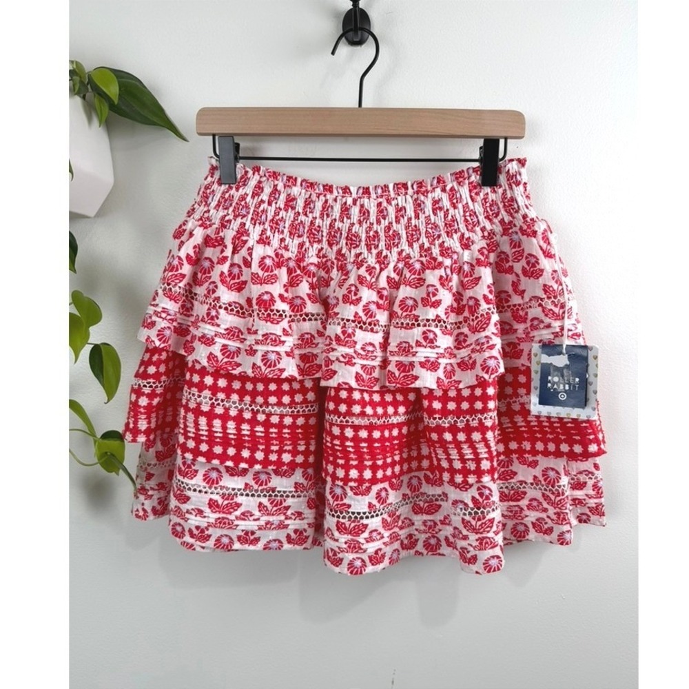 Roller Rabbit Target Red Lavender Floral Tiered Eyelet Mini Skirt M Cottagecore
